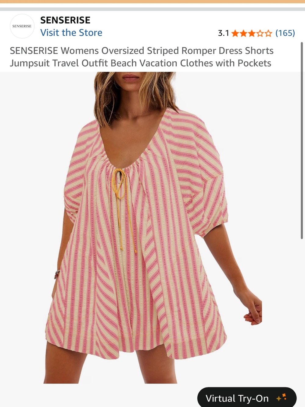 Amazon Pink and Yellow Striped Puff-Sleeve Casual Dress